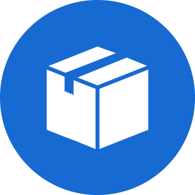 A white cardboard shipping box icon centered inside a solid blue circle.