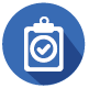A white icon of a clipboard with a checkmark on a blue circular background.