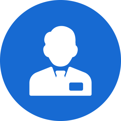 A white icon of a person wearing a collared shirt and a name tag, centered on a blue circular background.