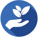 A blue circular icon featuring a white graphic of a hand holding three leaves, symbolizing nature or sustainability.