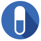 A blue circular icon featuring a white pill capsule with a long diagonal shadow.
