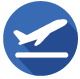 A white icon of a plane taking off, set against a blue circle background.