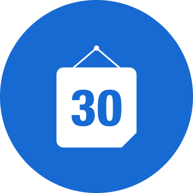 A white calendar icon with the number 30 inside, set against a solid blue circular background.
