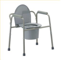 A commode chair with a toilet attached to it on a white background.