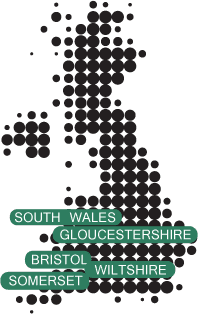 Map of UK with South Wales, Gloucestershire, Bristol, Somerset and Wiltshire highlighted