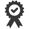 A black and white icon of a ribbon with a check mark in the center.