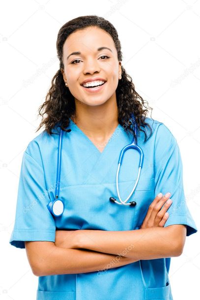 A nurse with a stethoscope around her neck is smiling with her arms crossed.