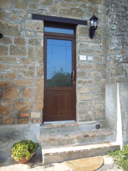 Porta in PVC, Pannello tipo Bugna, Vetro Termico, Inglesina, Radica di Noce, Sorano, Grosseto, Palombi Infissi