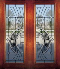 Decorative stained glass front door with frosted panels and wood frame
