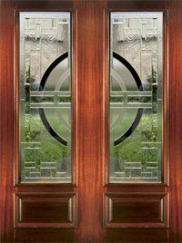 Wooden double doors with frosted glass panels and circular decorative design