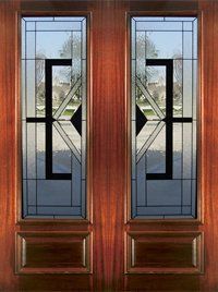 Pair of wooden front doors with frosted glass panels and geometric black frames