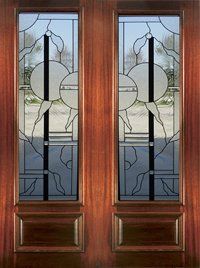 Wooden double front doors with frosted glass and black decorative ironwork panels