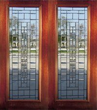 Wooden double front door with frosted geometric glass panels and metalwork lattice design