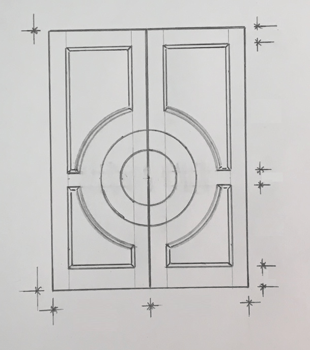 Technical line drawing of a rectangular door panel with a central circular motif and dimension marks