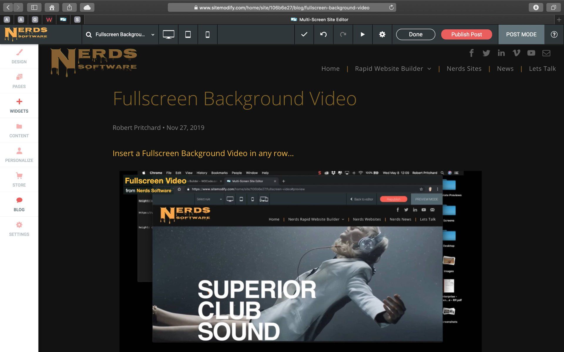 Fullscreen Background Video using Nerds Rapid Website Builder