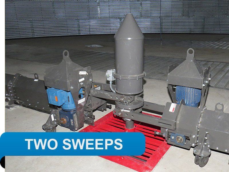 Two sweeps clean grain bin floor