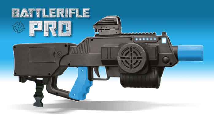 Battlerifle Pro toy gun with a black body, blue accents, and a red-dot sight.