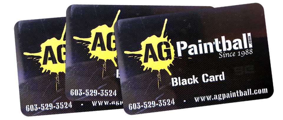 Three black AG Paintball Black Cards with yellow logos.