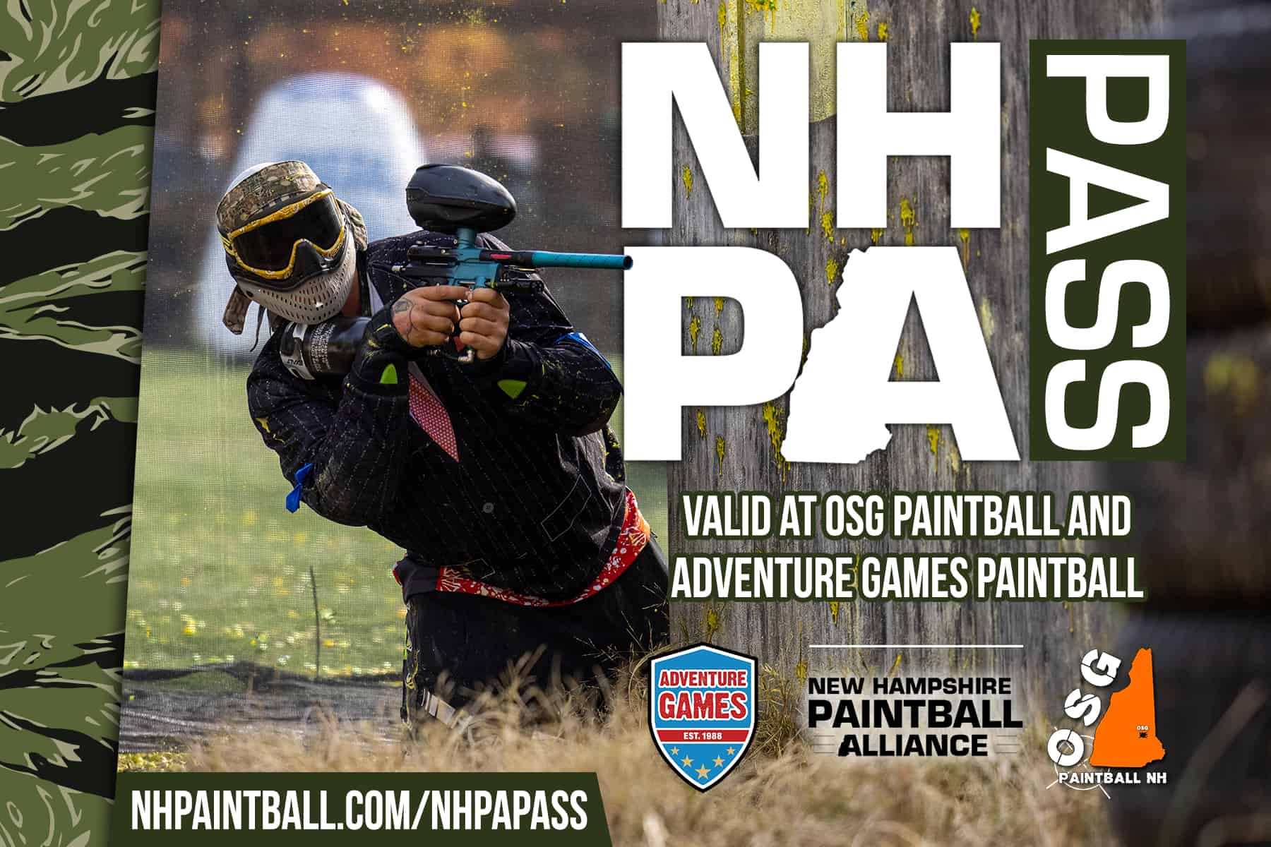 Paintball player with mask aiming gun,