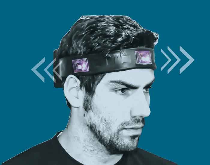 Man wearing a black headband with purple lights; arrows pointing to either side.