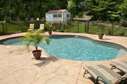 Swimming pool with patio, lounge chairs, potted plants, and small shed in background.