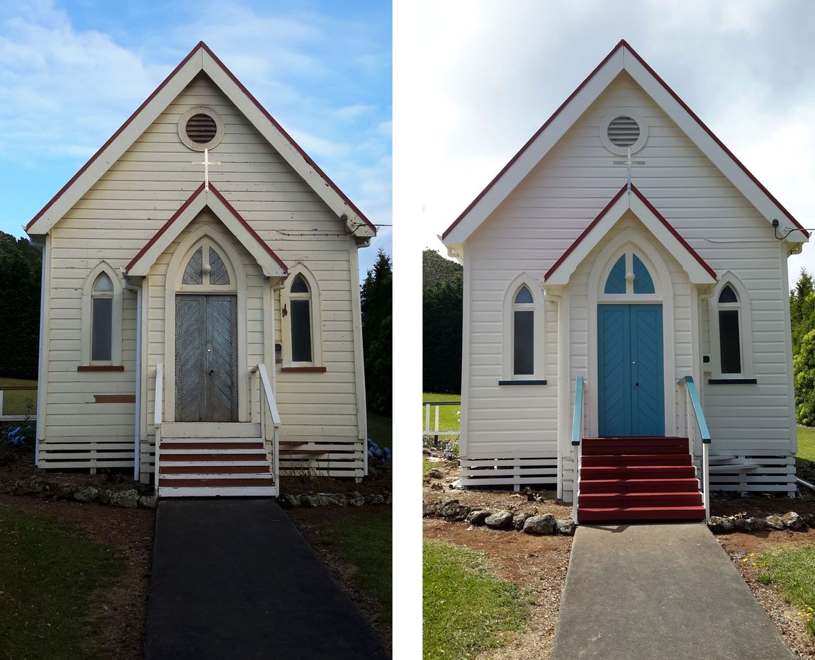 Before and after restoring paintwork on a Maungakaramea Church By Wayne Webb Painters