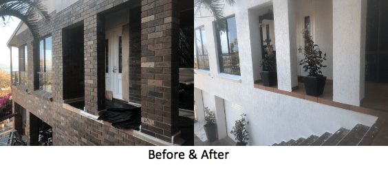 Exterior home renovation before and after. Brick facade transformed to white stucco.