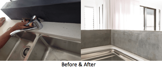 Kitchen sink before and after renovation. The right side shows a gray countertop.