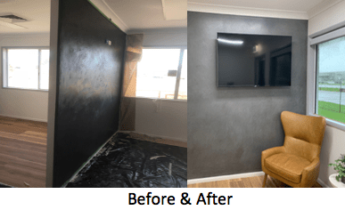 Before and after of a room. The wall color changes from black to gray; TV and chair are added.