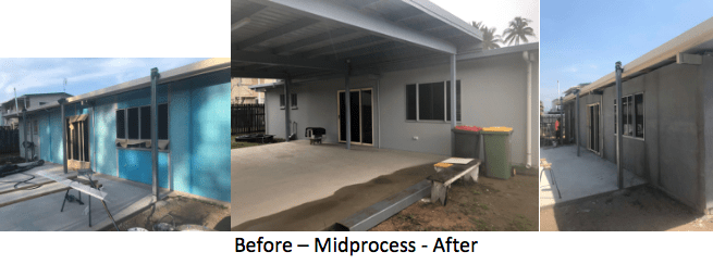 Exterior house renovation: Before, mid-process, and after shots showing a color change and addition of a covered patio.