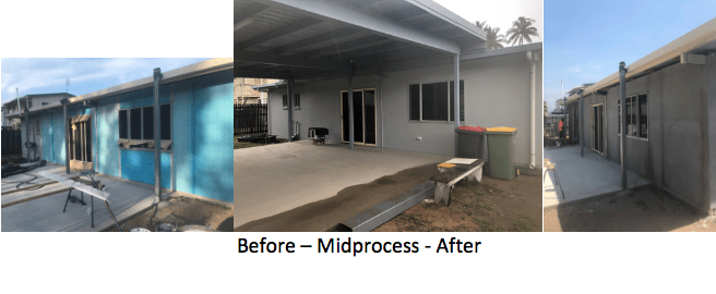 Before, midprocess, and after photos of a home exterior renovation. Blue to gray paint, new patio.