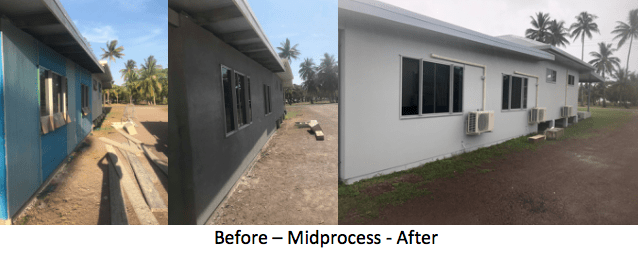 Renovation process of a building: before, mid-process (gray), and after (white). Tropical setting.