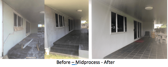 A before, mid-process, and after view of a porch renovation. The porch is painted white with gray flooring.
