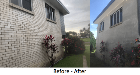 Before and after view of a house. The left side shows a brick exterior, and the right side shows a stucco exterior.