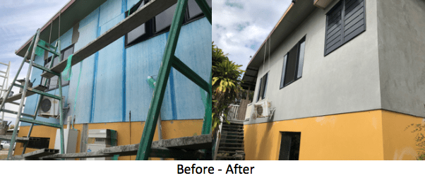 Before and after of a building: blue exterior before, gray and yellow after, with scaffolding.