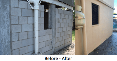 Before-After photo of a building, showing a cinder block wall and a painted beige wall.