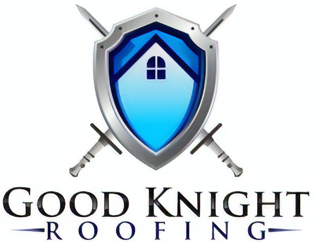 A logo for good knight roofing with a shield and two crossed swords