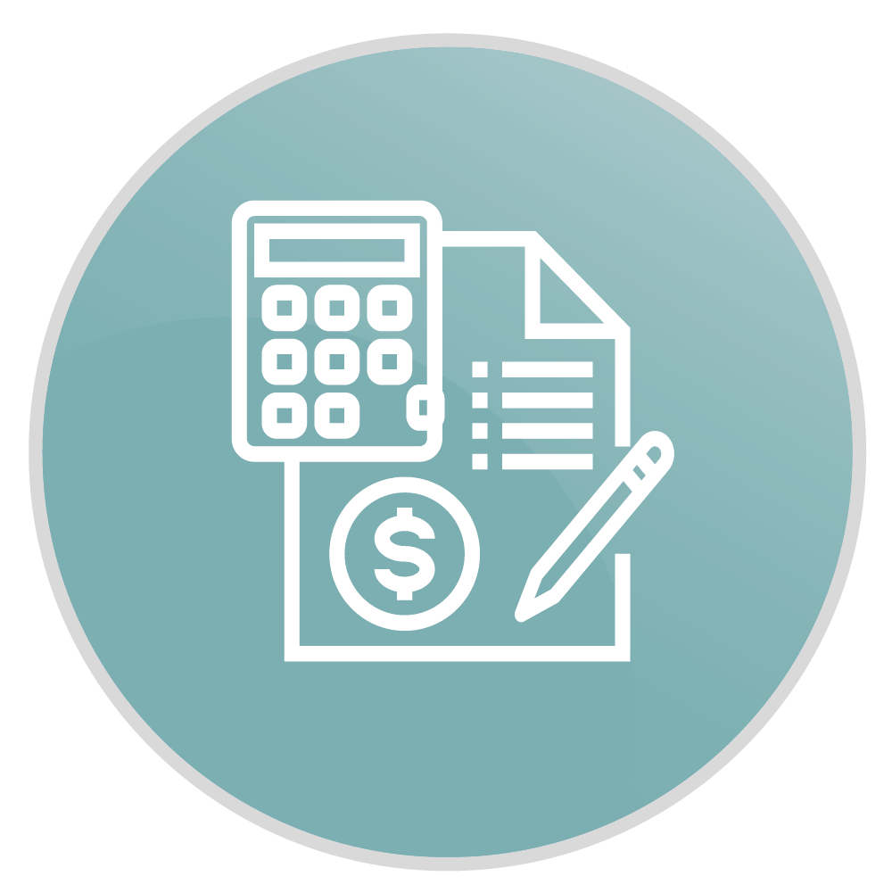 Logo de información con una calculadora y una hoja con datos