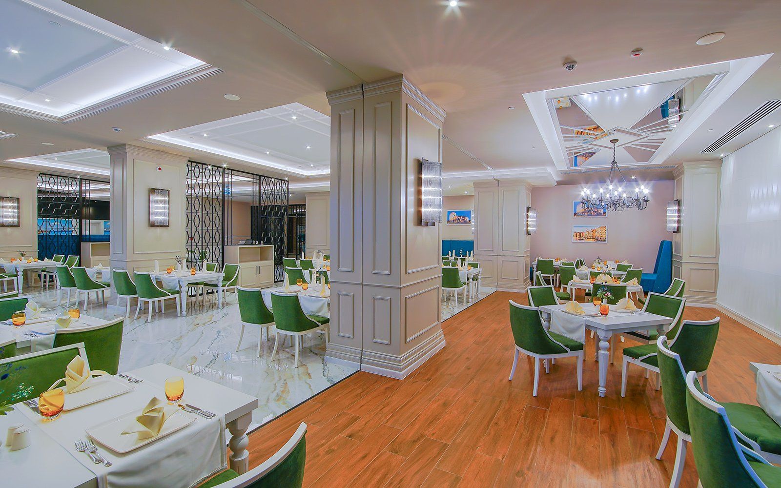 A large dining room filled with tables and chairs.