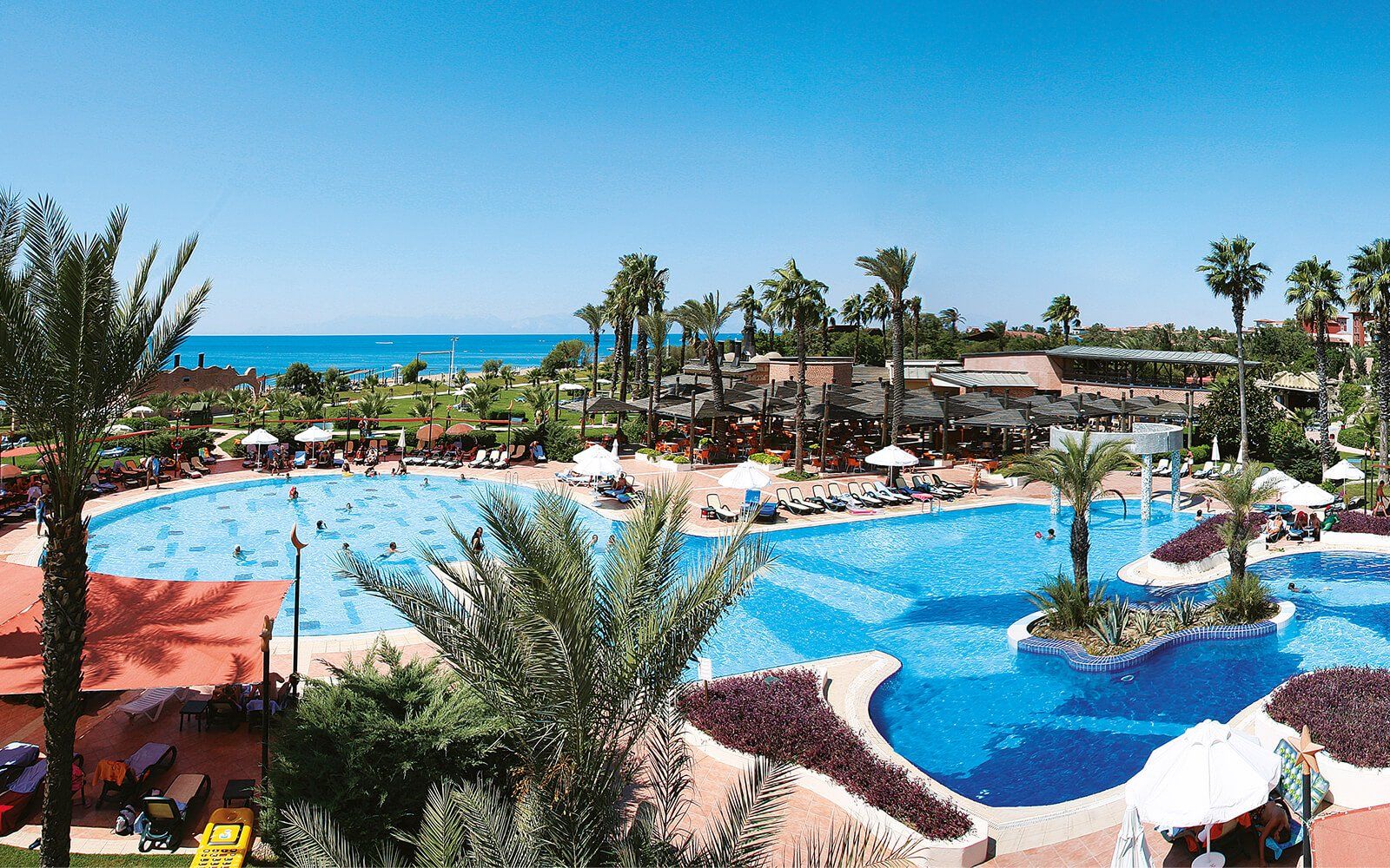 Ein großer Swimmingpool, umgeben von Palmen und Sonnenschirmen
