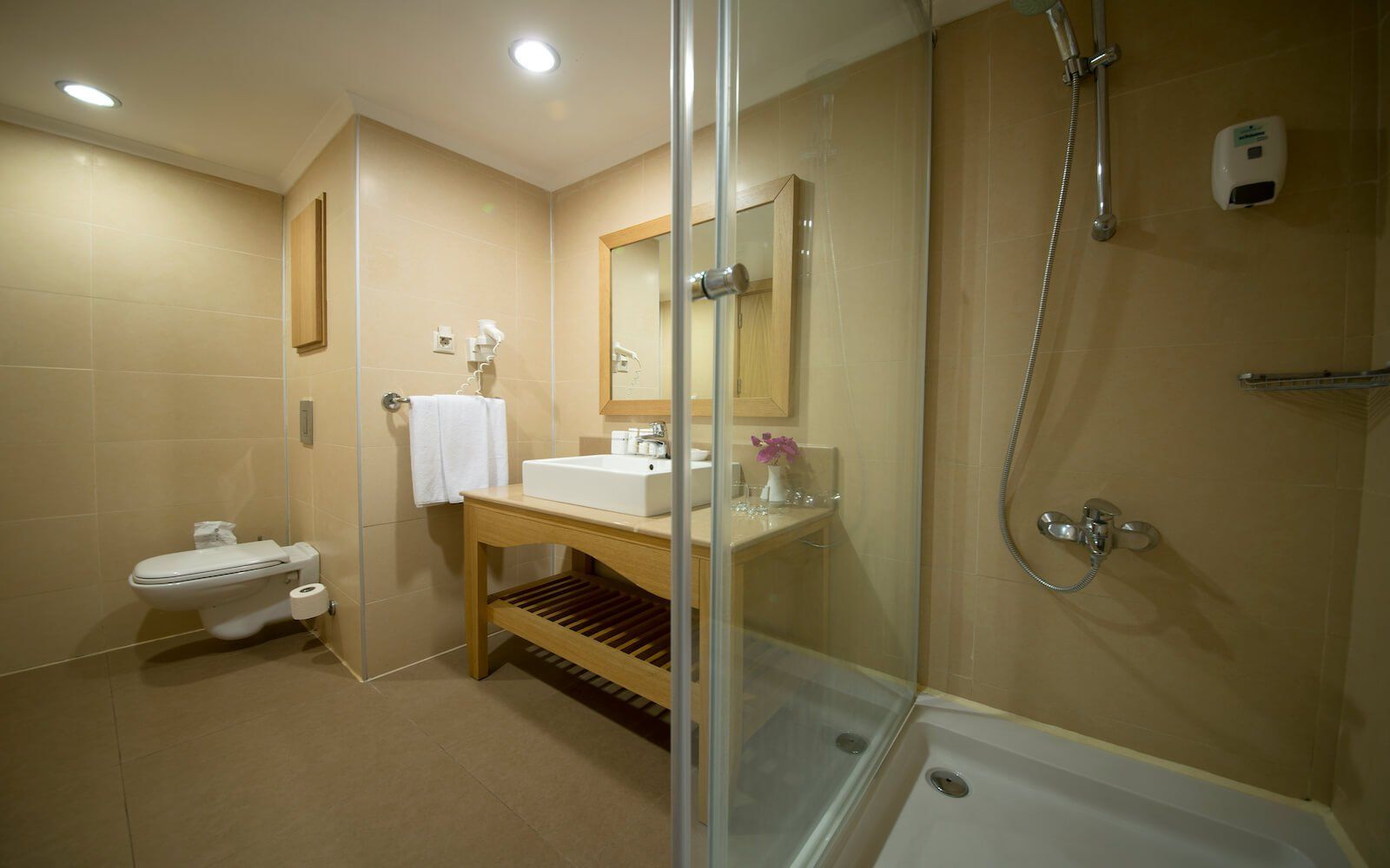 Ein Badezimmer mit Waschbecken, Toilette, Dusche und Spiegel.