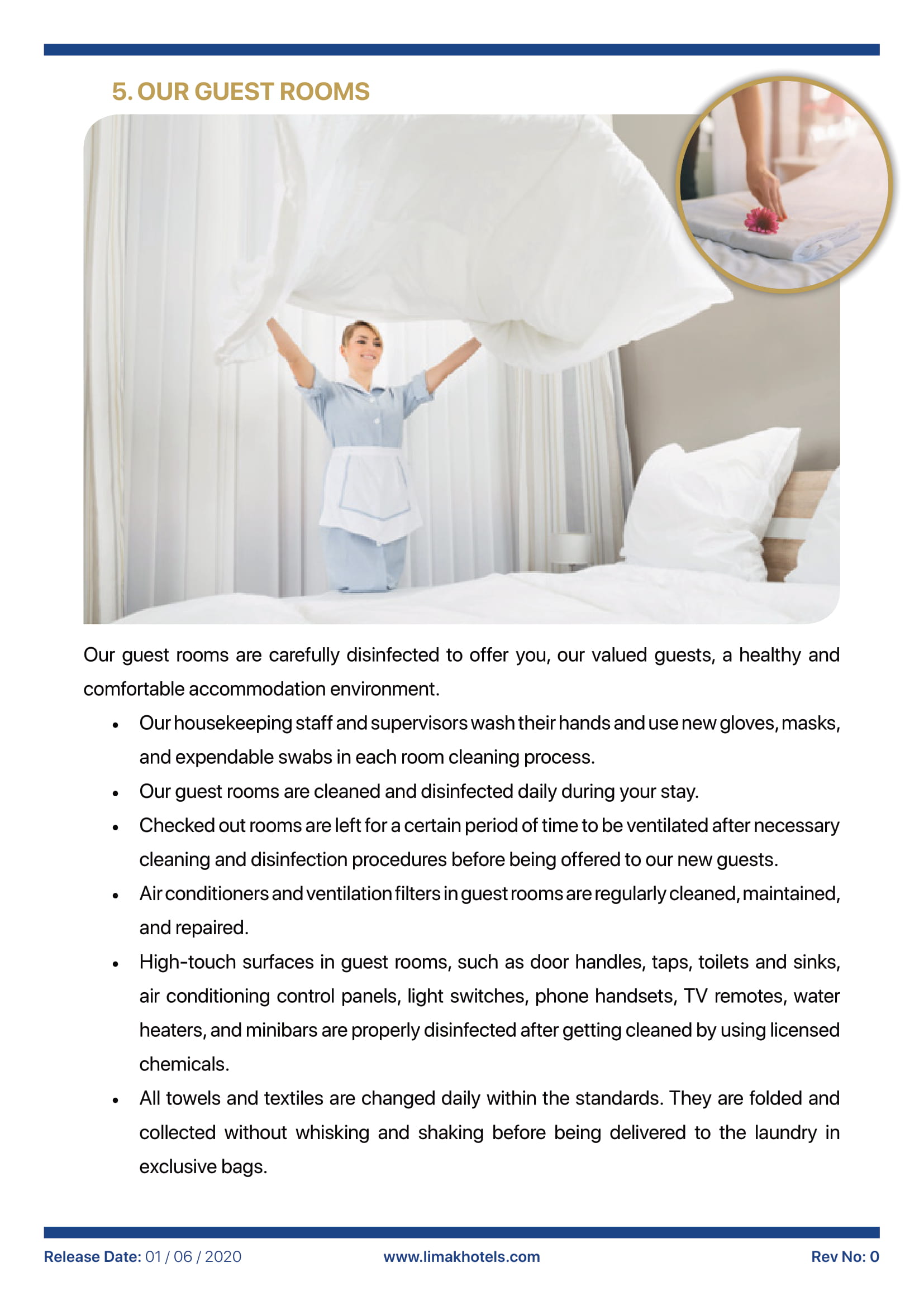 A maid is making a bed in a hotel room.