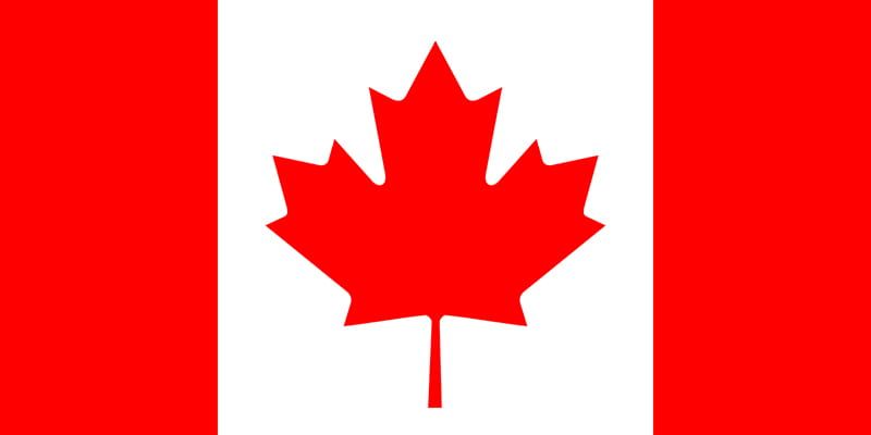 Drapeau canadien avec une feuille d'érable rouge sur fond blanc, flanquée de panneaux rouges.