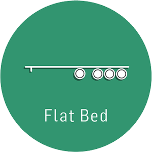 Dessin au trait blanc d'une remorque à plateau à quatre roues sur fond de cercle vert.
