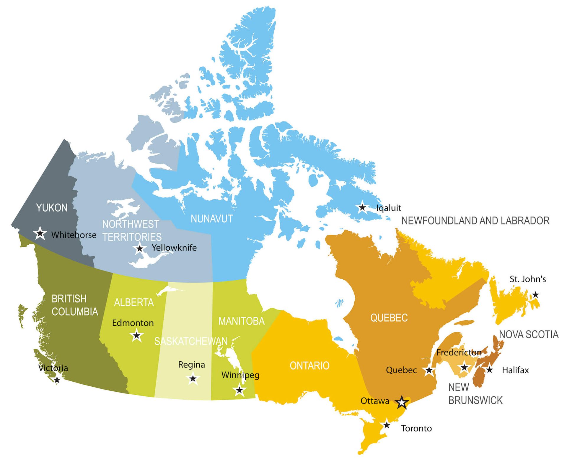 Carte du Canada, montrant les provinces et les territoires, chacun dans une couleur différente.