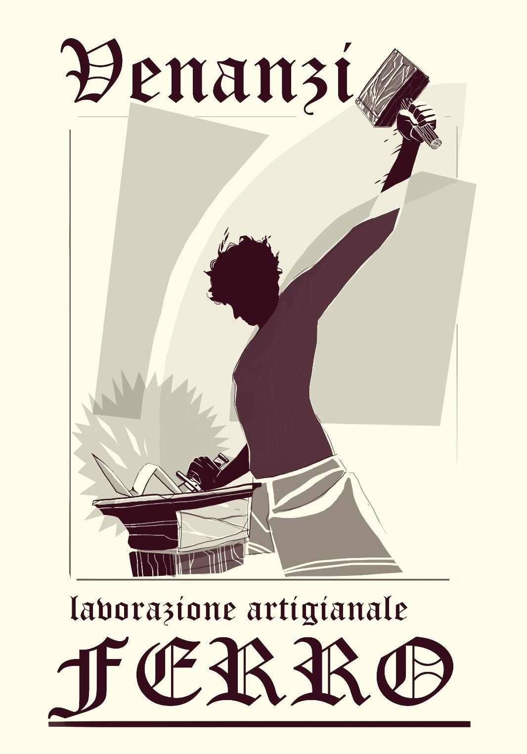 Vintage poster reading “Venanzi” and “Lavorazione artigianale FERRO,” showing a blacksmith hammering metal.