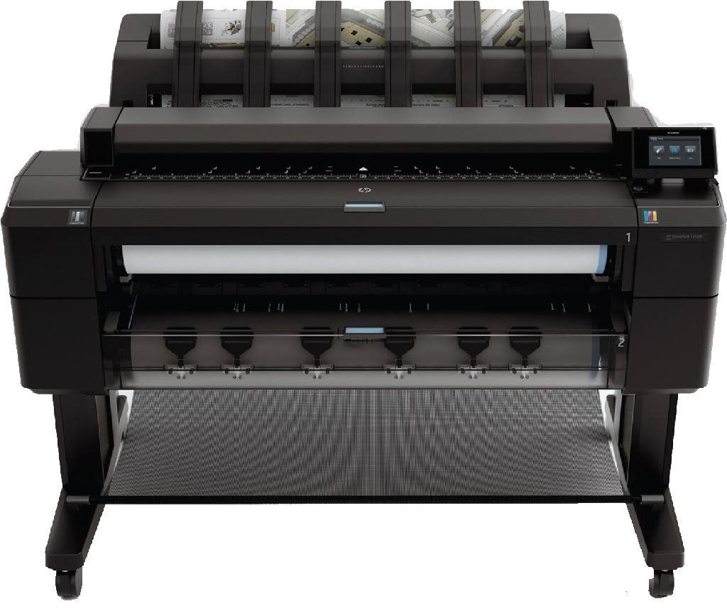 Una impresora HP DesignJet de gran formato en color negro mate con un rollo de papel cargado en la parte superior
