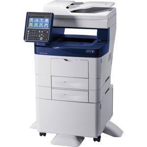 Una impresora láser multifunción de oficina Xerox, alta, blanca y azul, con panel de control táctil