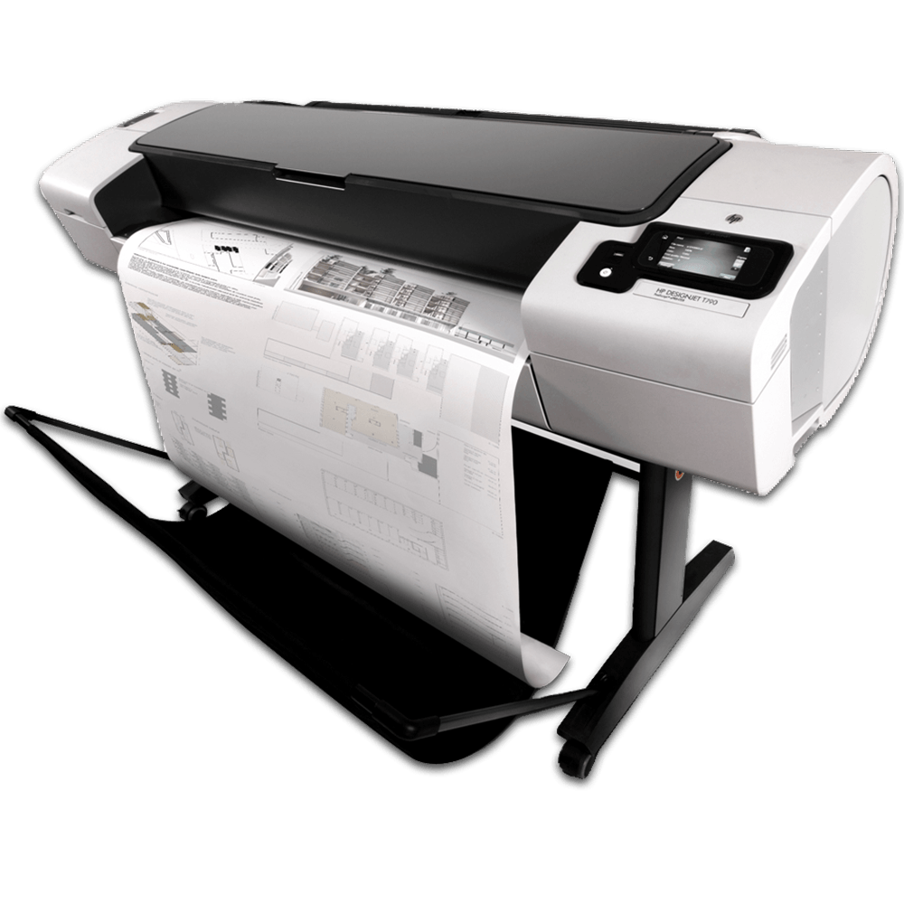 Una impresora de gran formato, en blanco y negro, sobre un soporte metálico, imprime un plano técnico