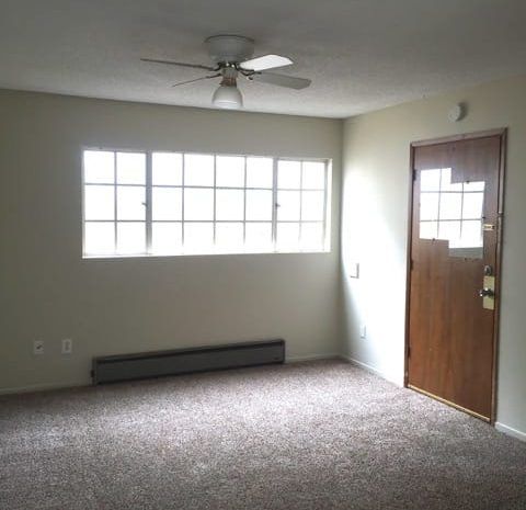 Carpeted living area with a ceiling fan.